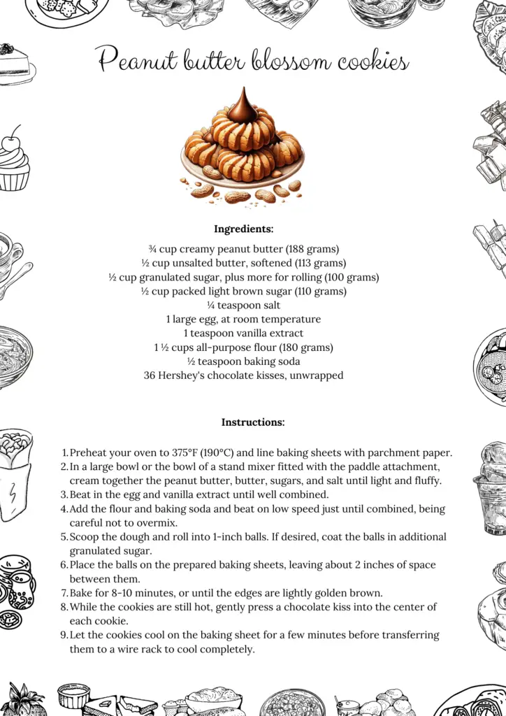Printable Peanut Butter Blossom Cookies Recipe