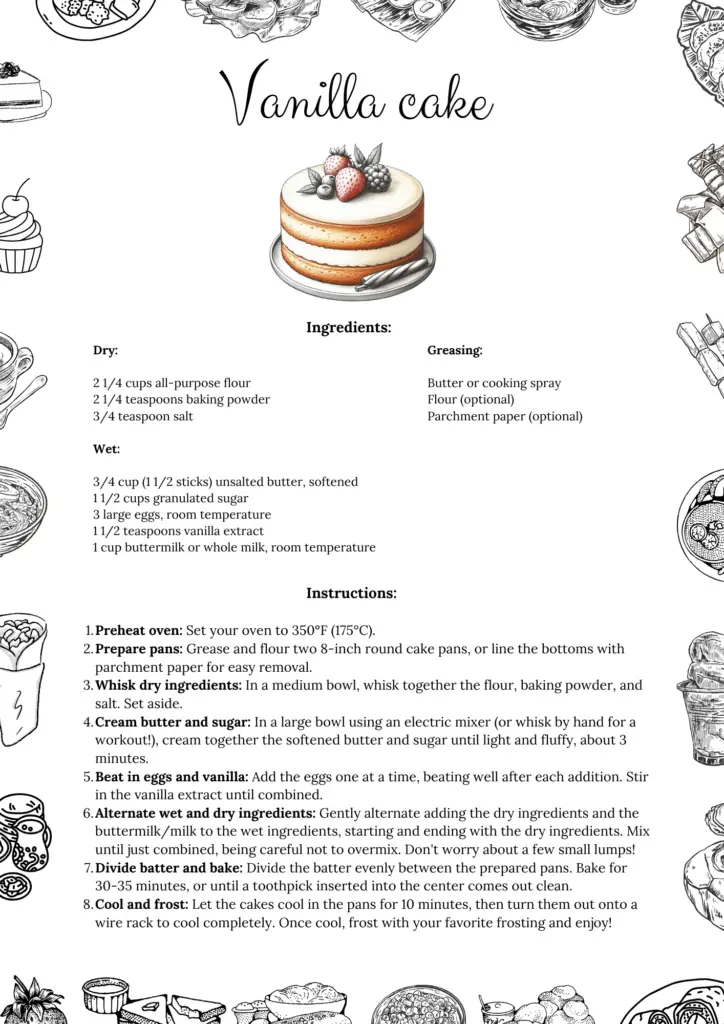 Printable Vanilla Cake Recipe